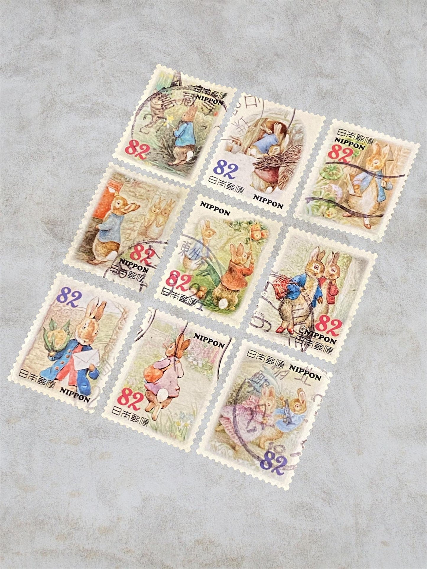 Peter Rabbit 9 Japan Postage Stamps – Cute Character Lot – No Duplicates