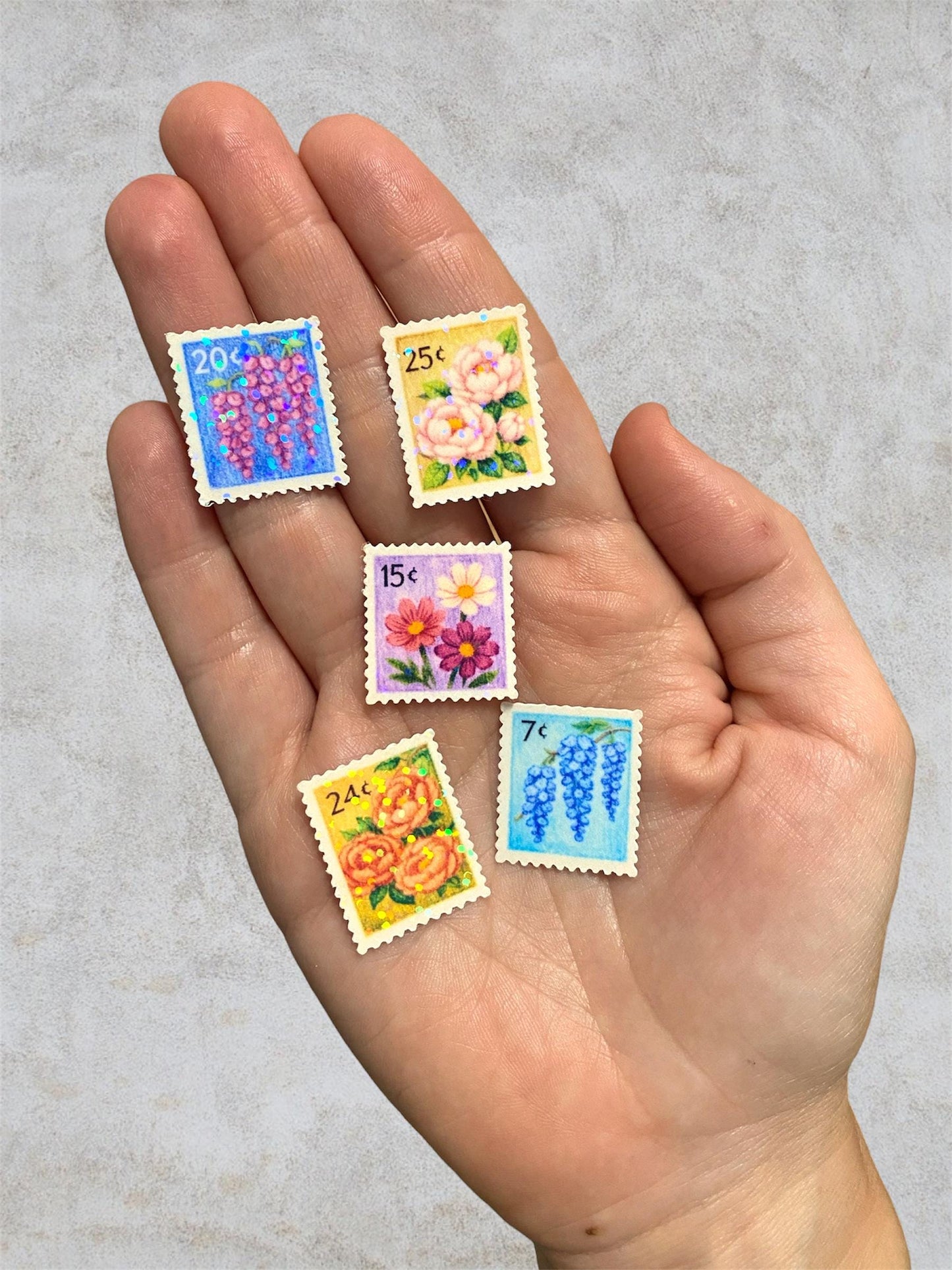 mix of flowers | 5 floral post stamps | mini holographic stickers
