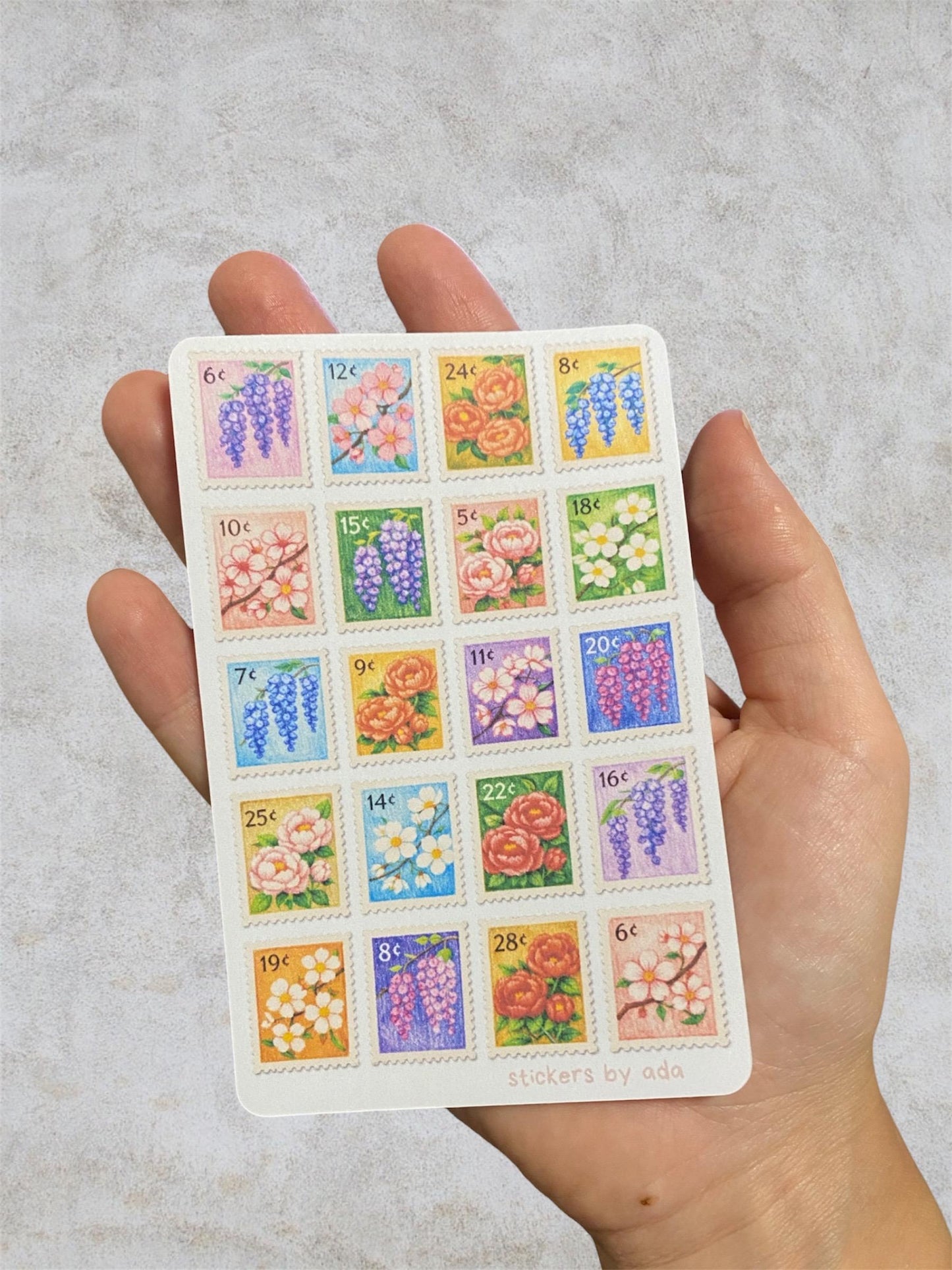 Floral Fake Postage Stamp Sticker Sheet | Mini Flower Stamps for Journaling, Scrapbook, Planner