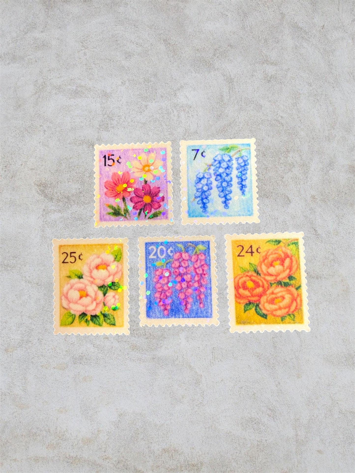 mix of flowers | 5 floral post stamps | mini holographic stickers