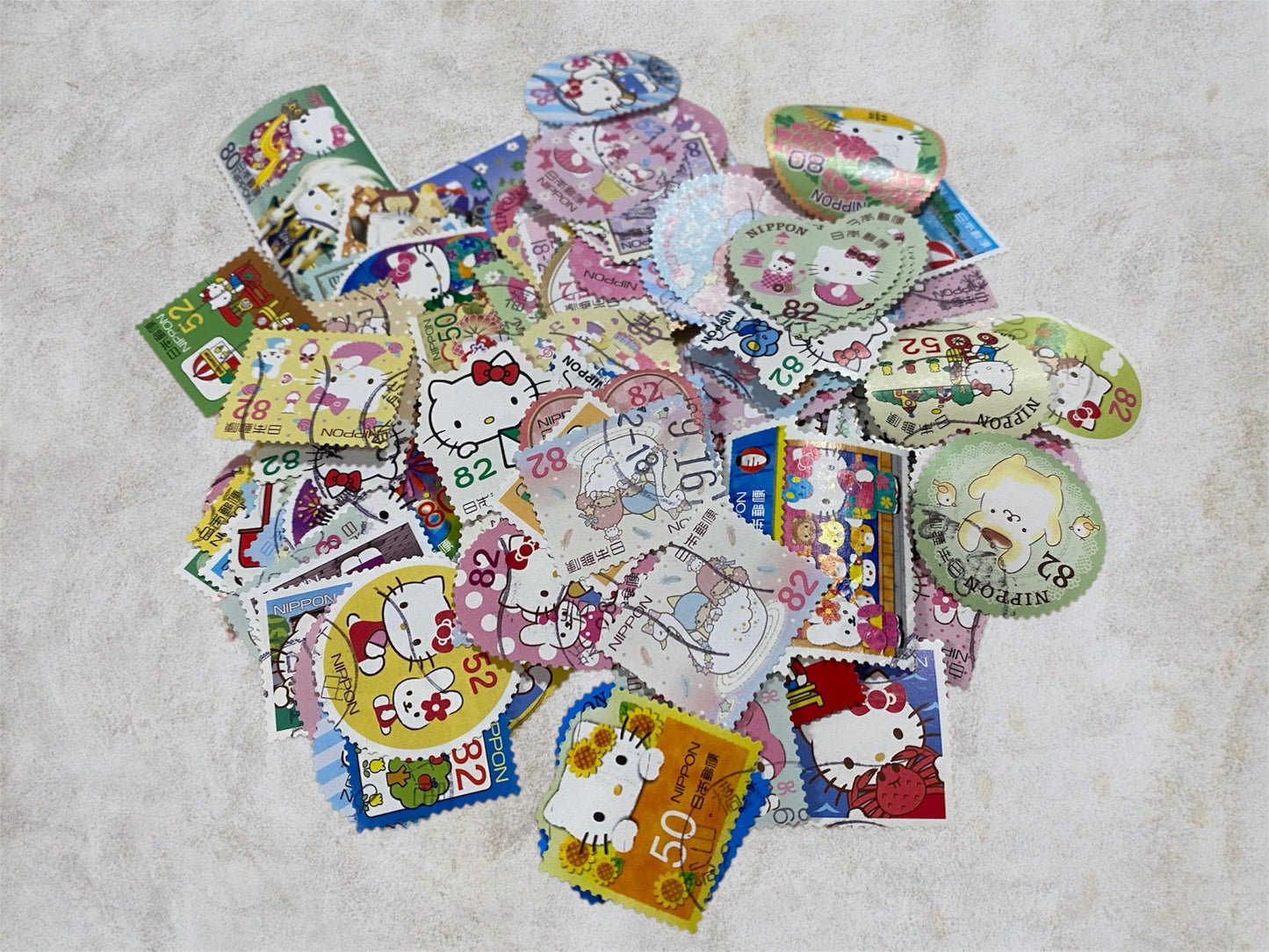 Hello Kitty 9 Japan Postage Stamps – Cute Character Lot – No Duplicates