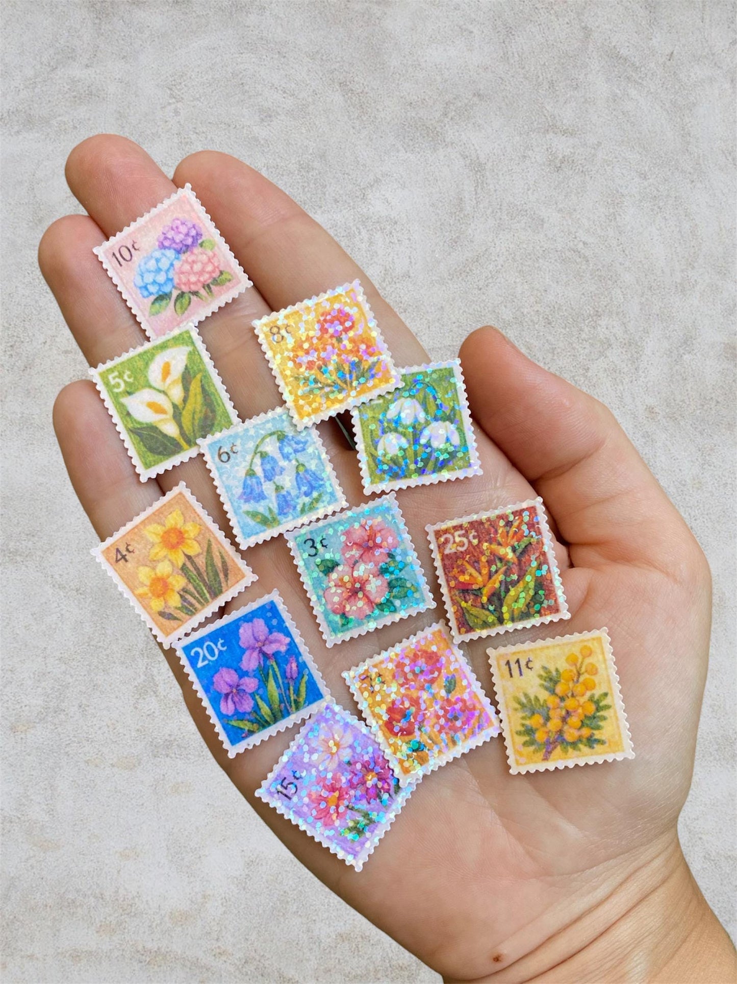5 floral post stamps | mini holographic stickers