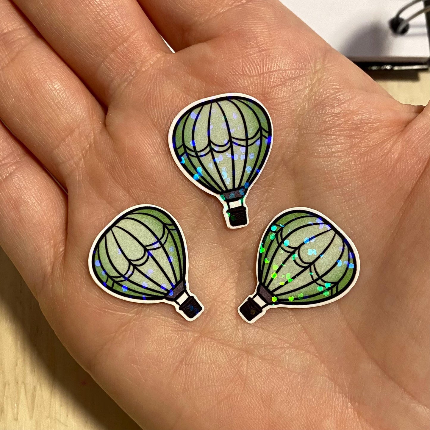 green hot air balloon 6 mini holographic stickers