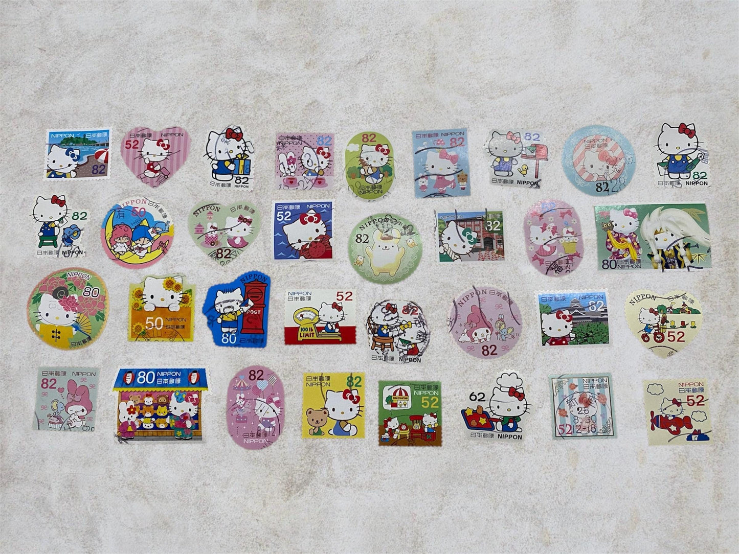 Hello Kitty 9 Japan Postage Stamps – Cute Character Lot – No Duplicates