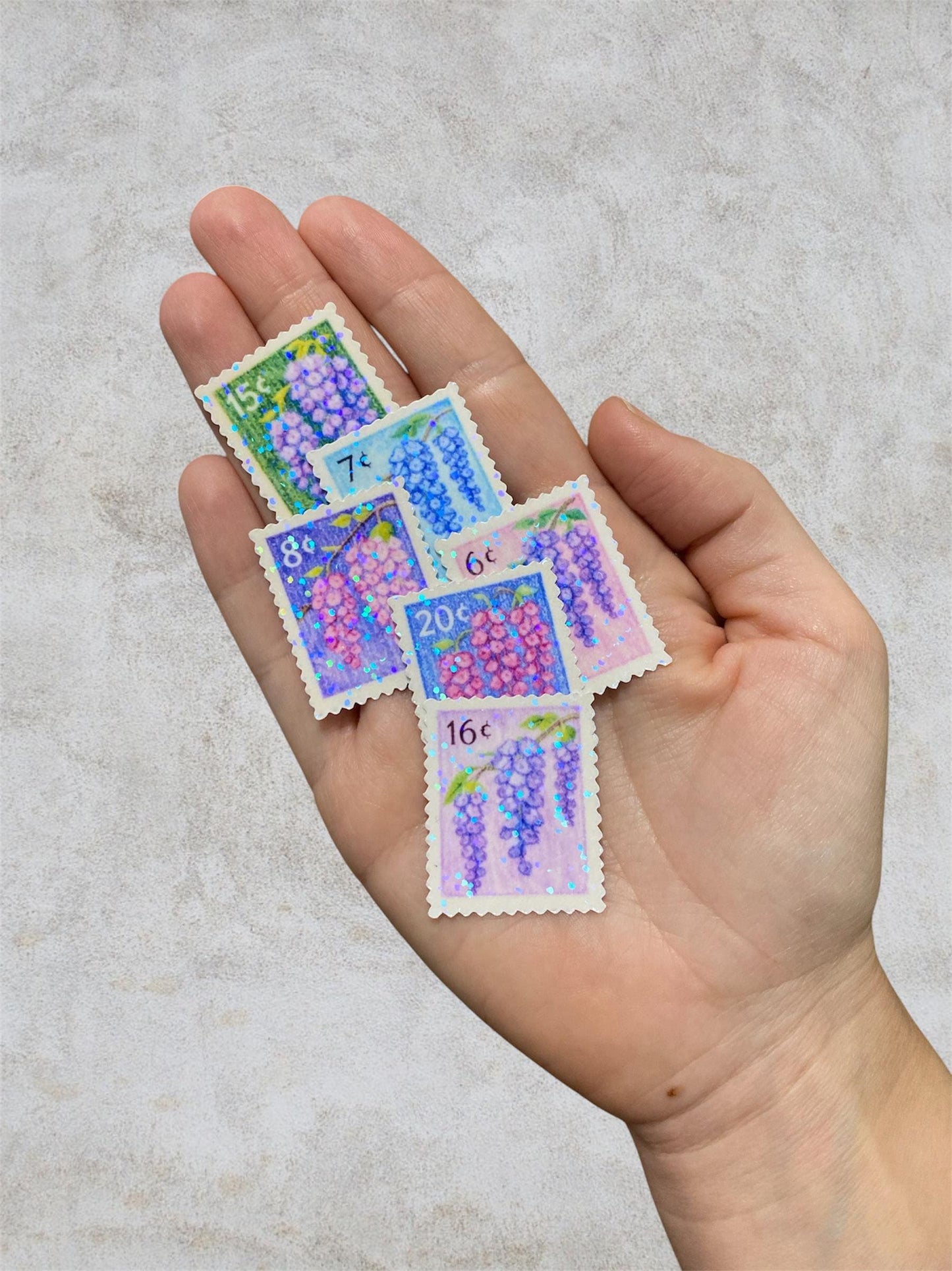 wisteria 6 floral post stamps | holographic stickers