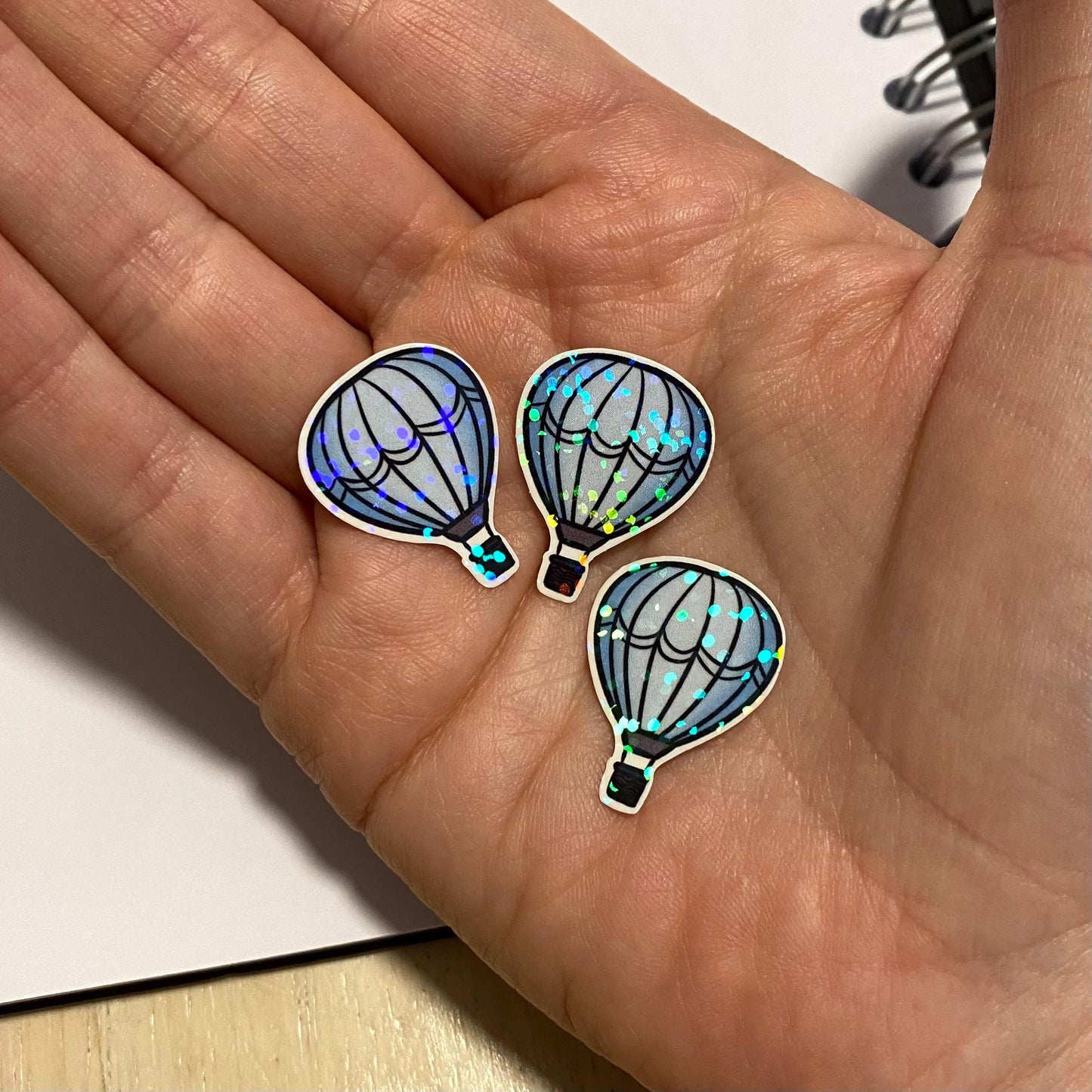 blue hot air balloon 6 mini holographic stickers