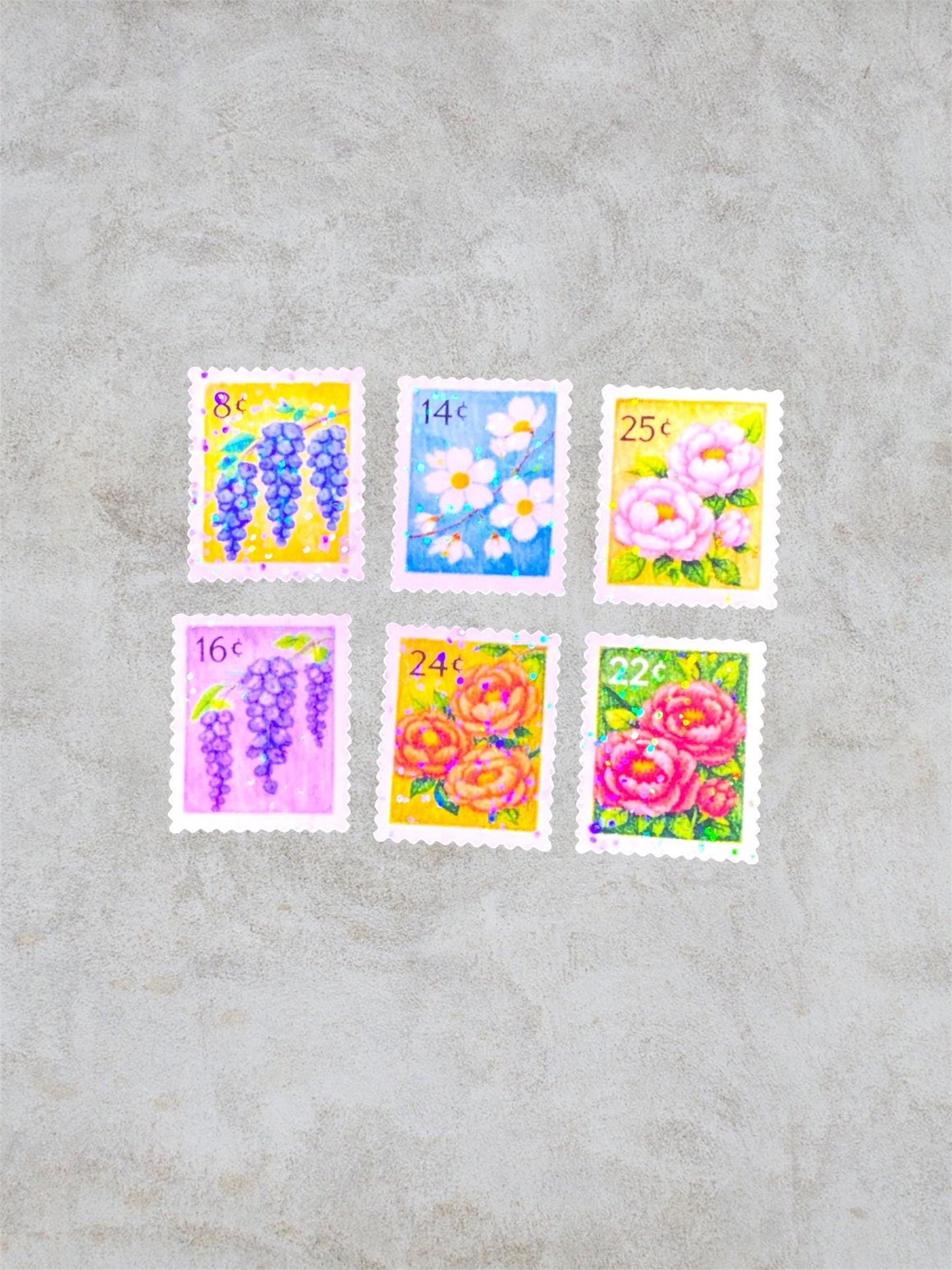 6 floral post stamps | holographic stickers
