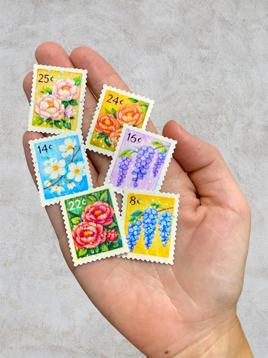 6 floral post stamps | holographic stickers