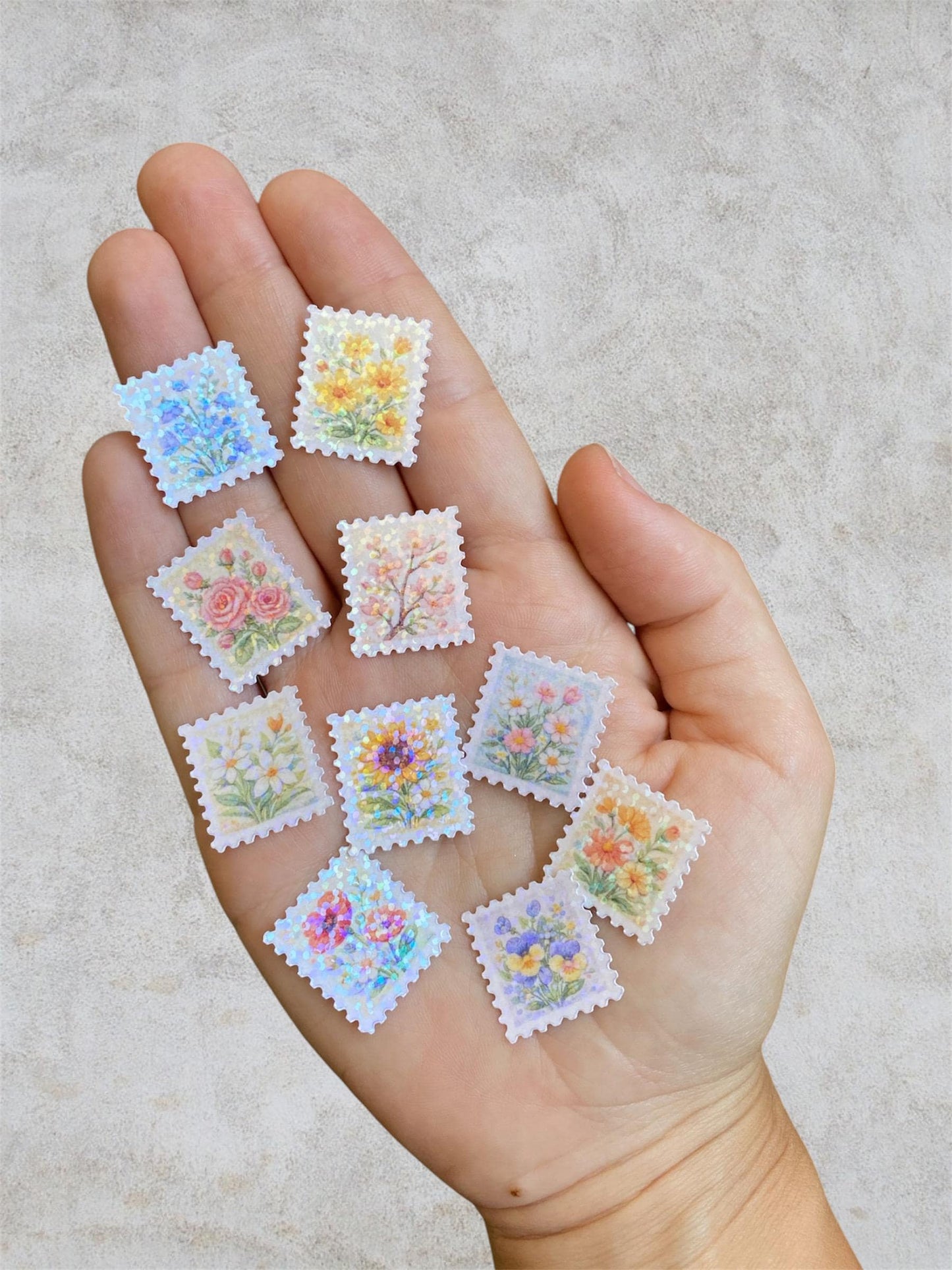 floral post stamps 10 mini holographic stickers