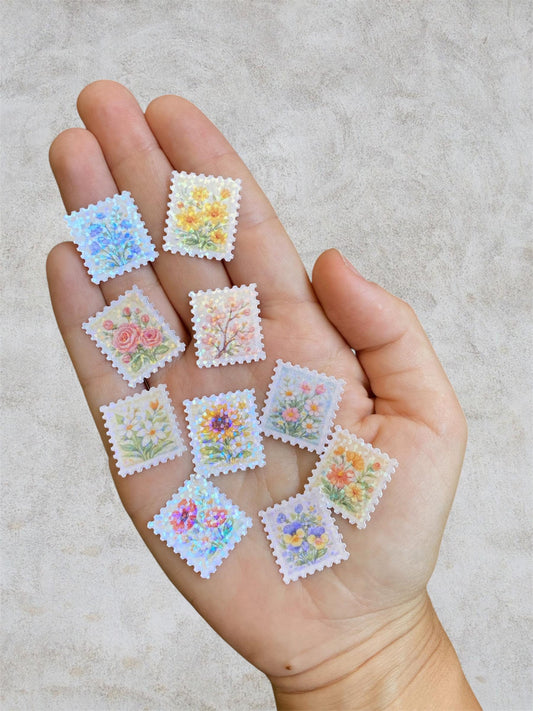 floral post stamps 10 mini holographic stickers