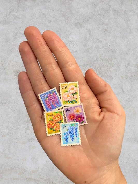 mix of flowers | 5 floral post stamps | mini holographic stickers