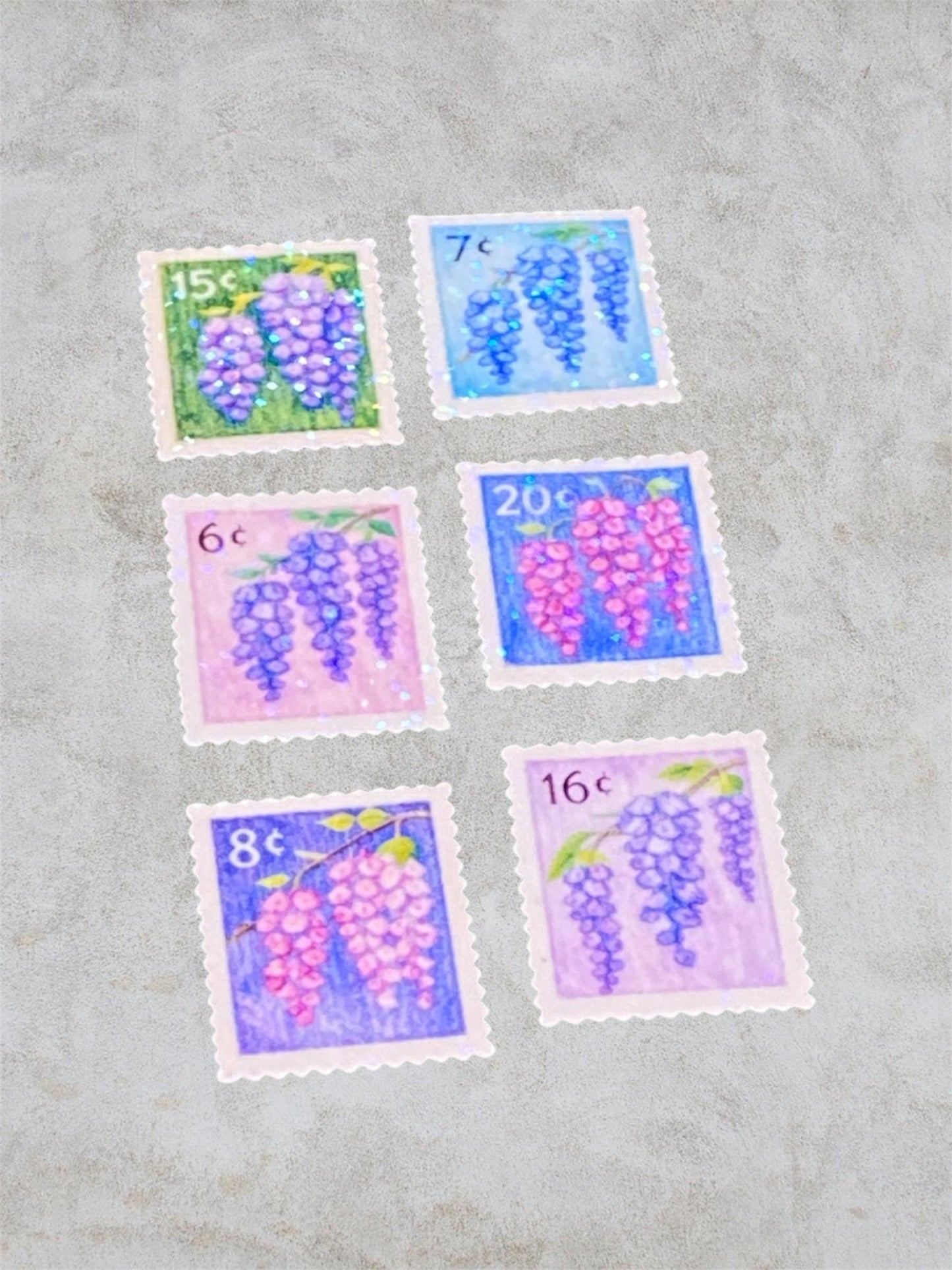 wisteria 6 floral post stamps | holographic stickers