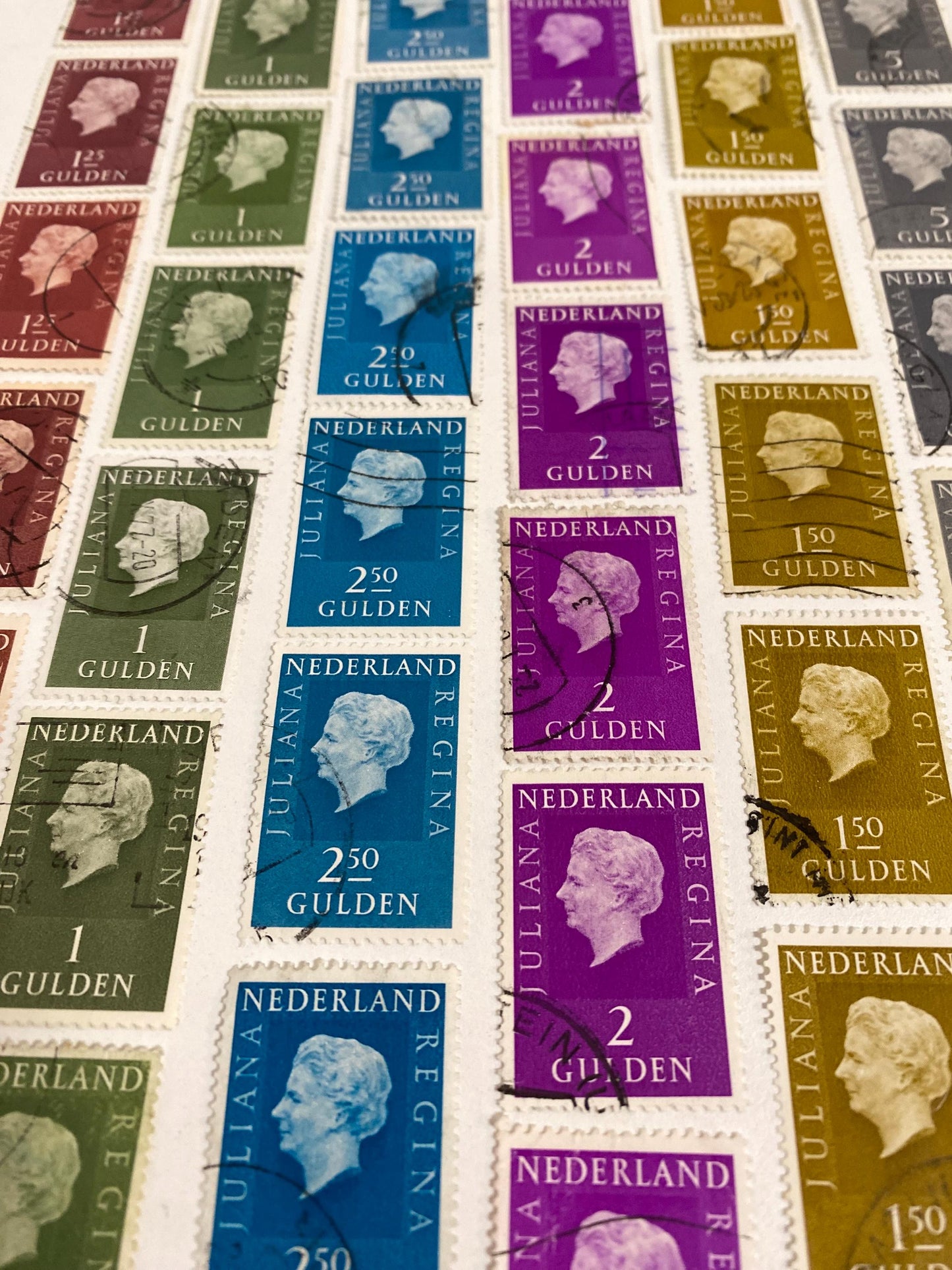 Post stamps from the Netherlands, mix of colors, queen Juliana, currency Gulden