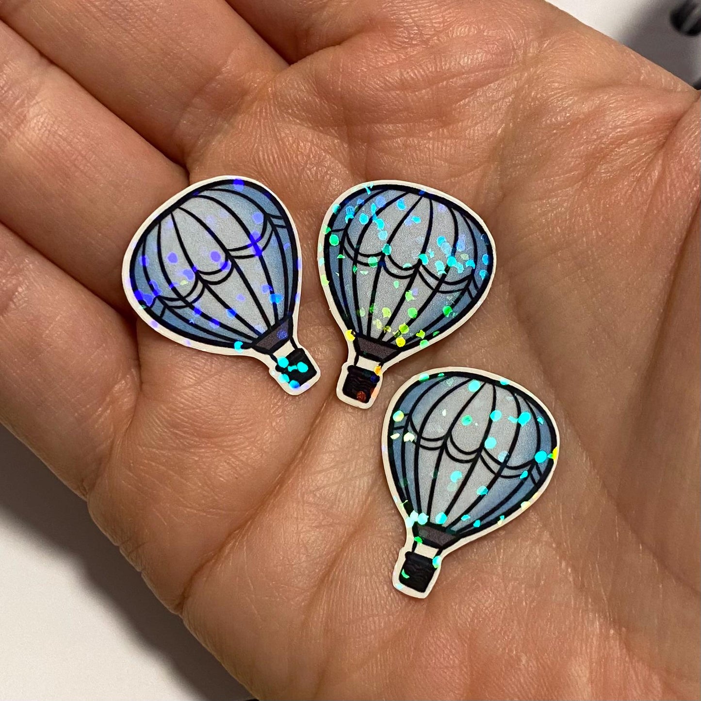 blue hot air balloon 6 mini holographic stickers