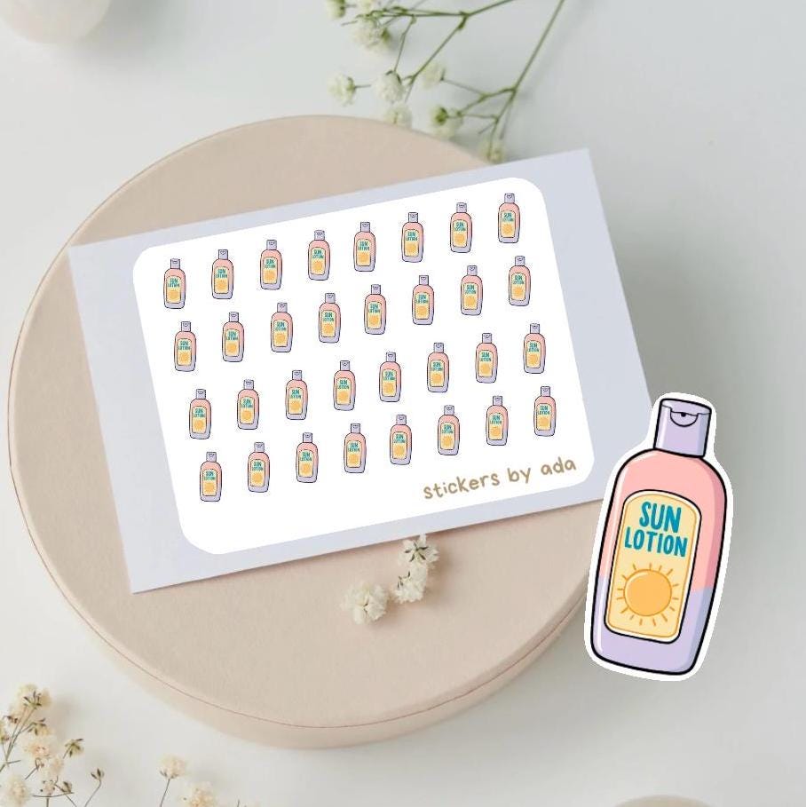 Mini sun lotion stickers to use in a daily planner, bullet journal, calendar or agenda