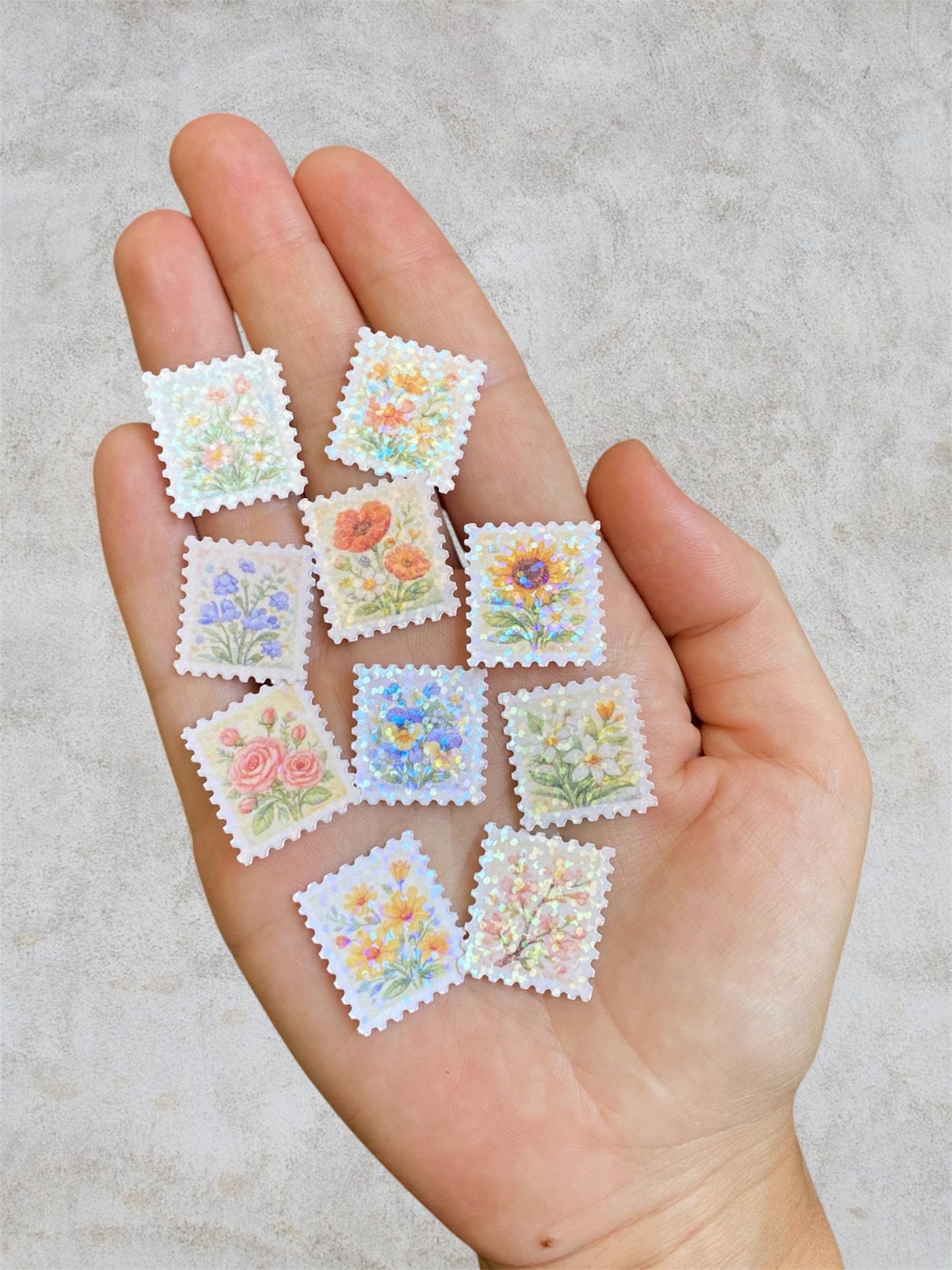 floral post stamps 10 mini holographic stickers