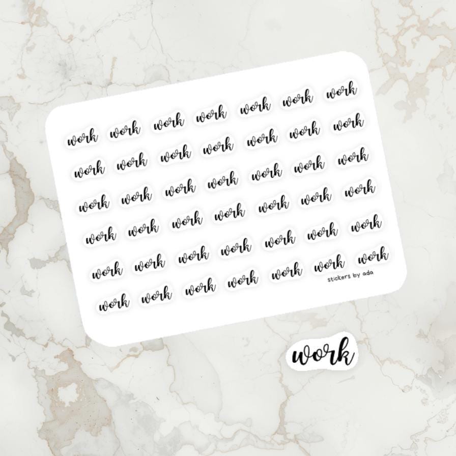 Mini stickers with text WORK: Journal Planner Stickers.