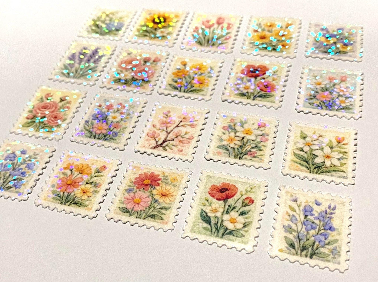floral post stamps 10 mini holographic stickers