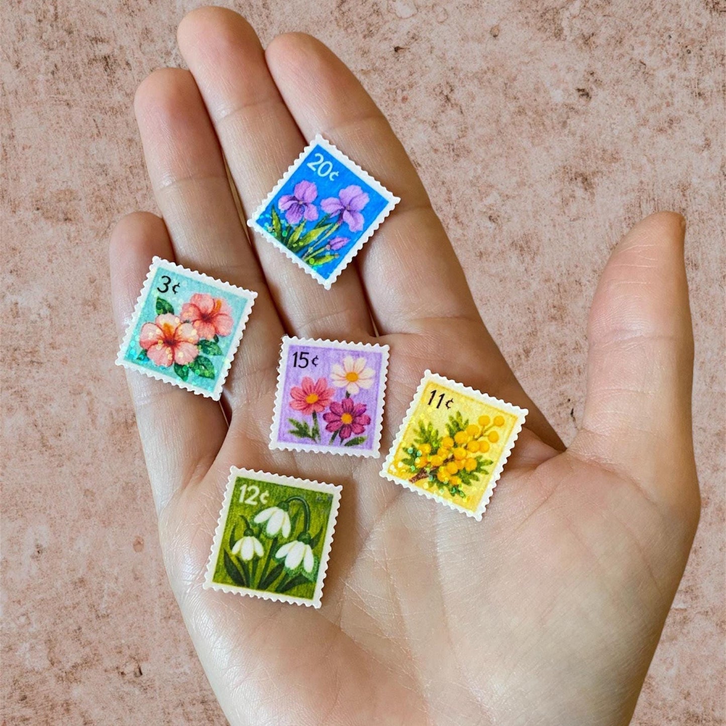 5 floral post stamps | mini holographic stickers