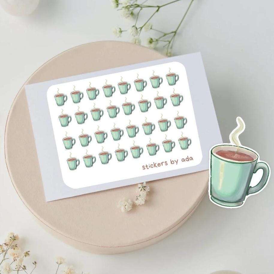 Mini coffee mug stickers to use in a daily planner, bullet journal, calendar or agenda