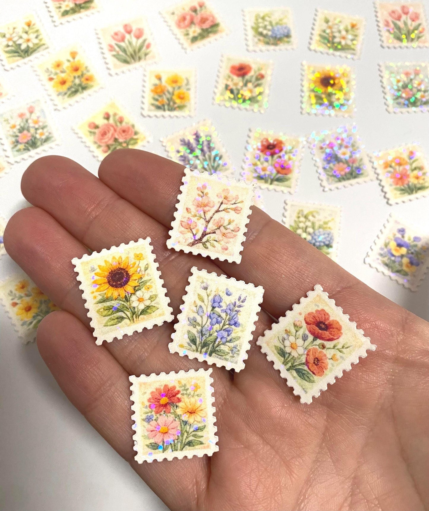 floral post stamps 10 mini holographic stickers