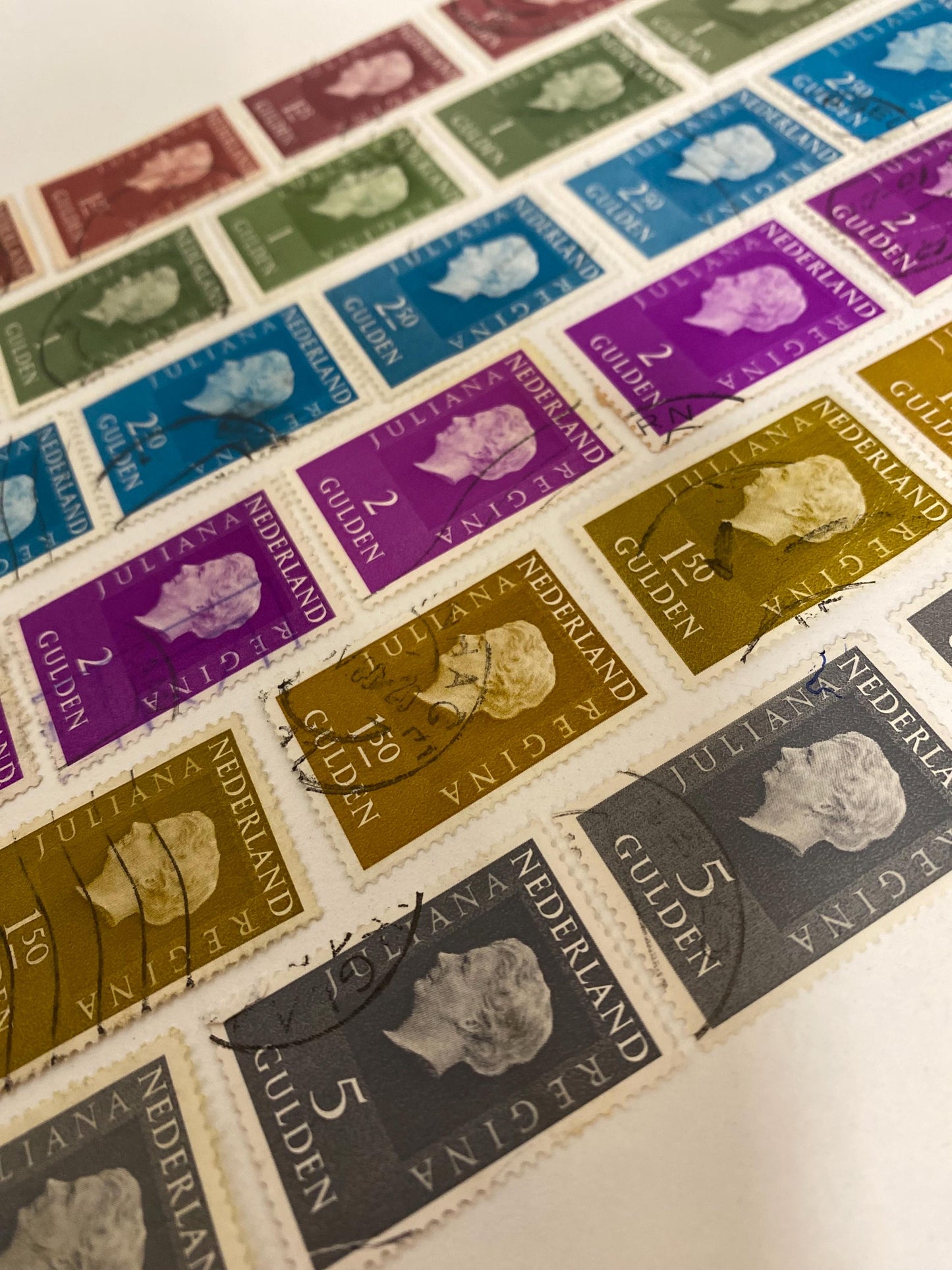 Post stamps from the Netherlands, mix of colors, queen Juliana, currency Gulden