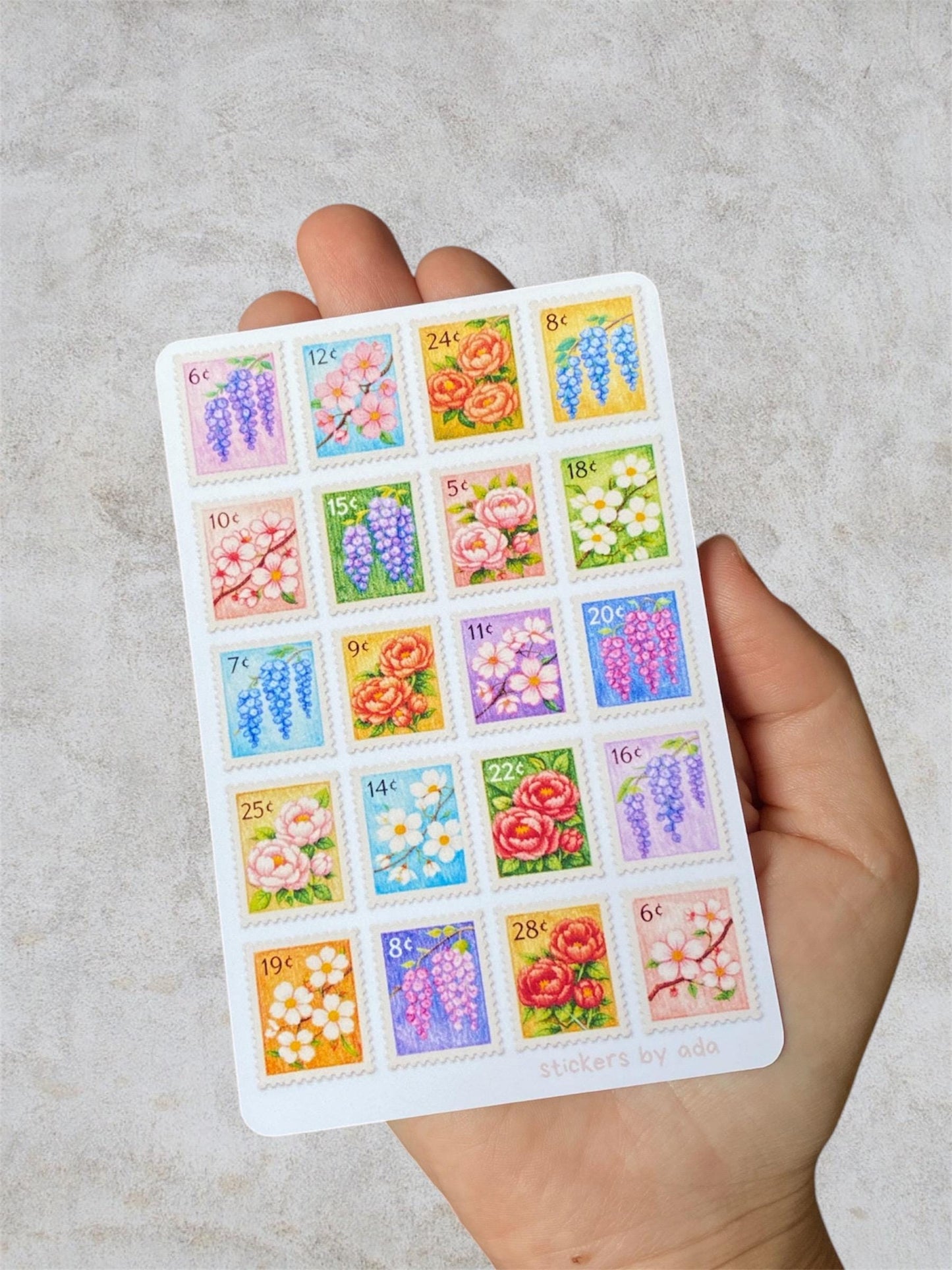 Floral Fake Postage Stamp Sticker Sheet | Mini Flower Stamps for Journaling, Scrapbook, Planner