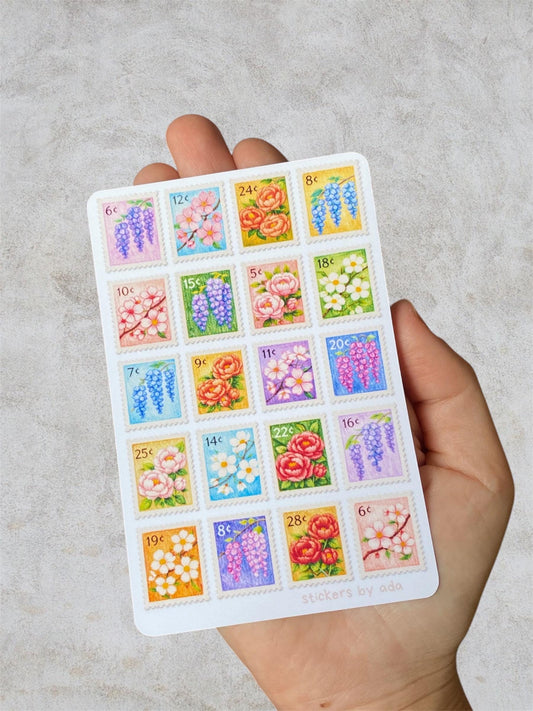Floral Fake Postage Stamp Sticker Sheet | Mini Flower Stamps for Journaling, Scrapbook, Planner