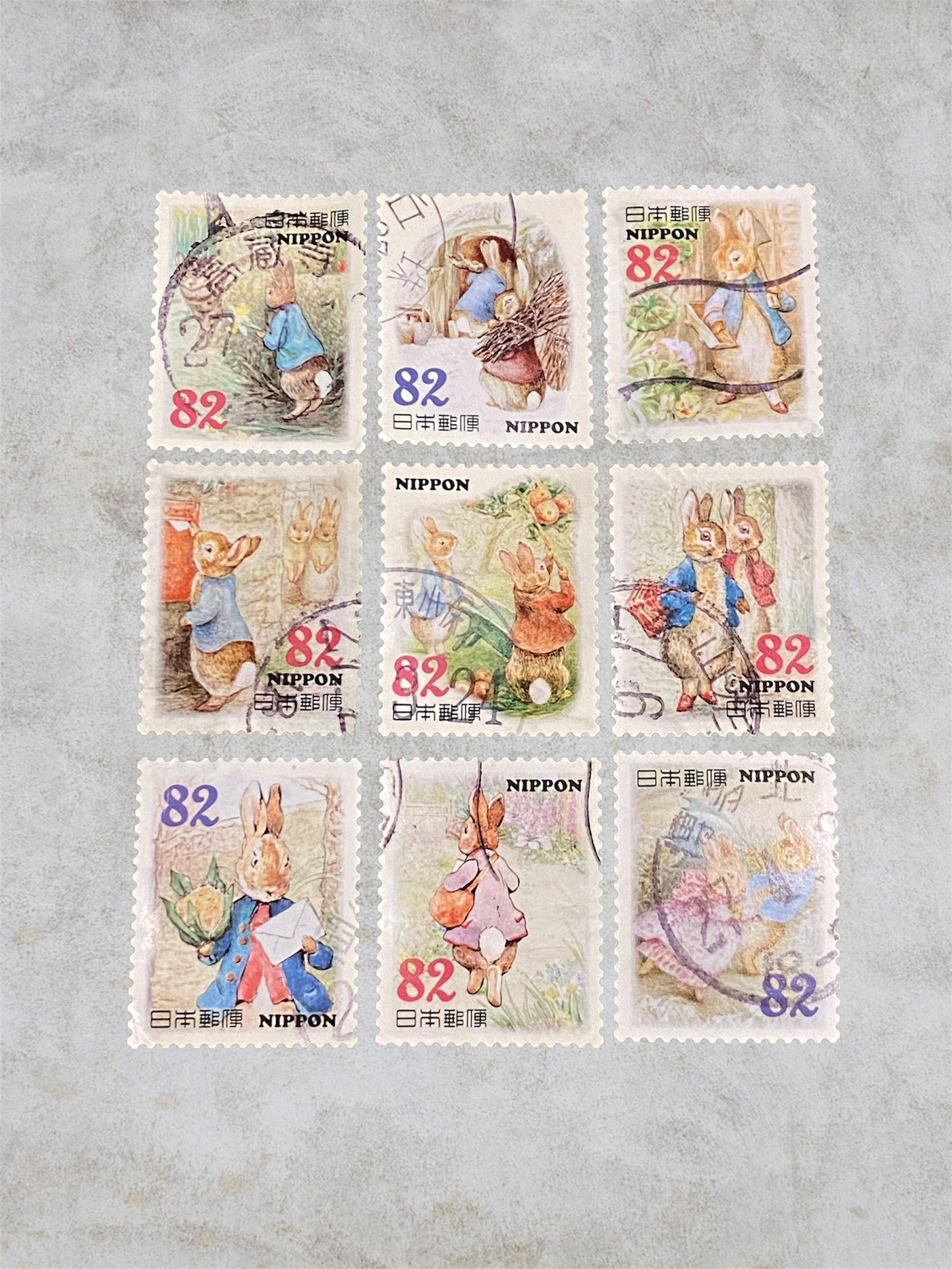 Peter Rabbit 9 Japan Postage Stamps – Cute Character Lot – No Duplicates