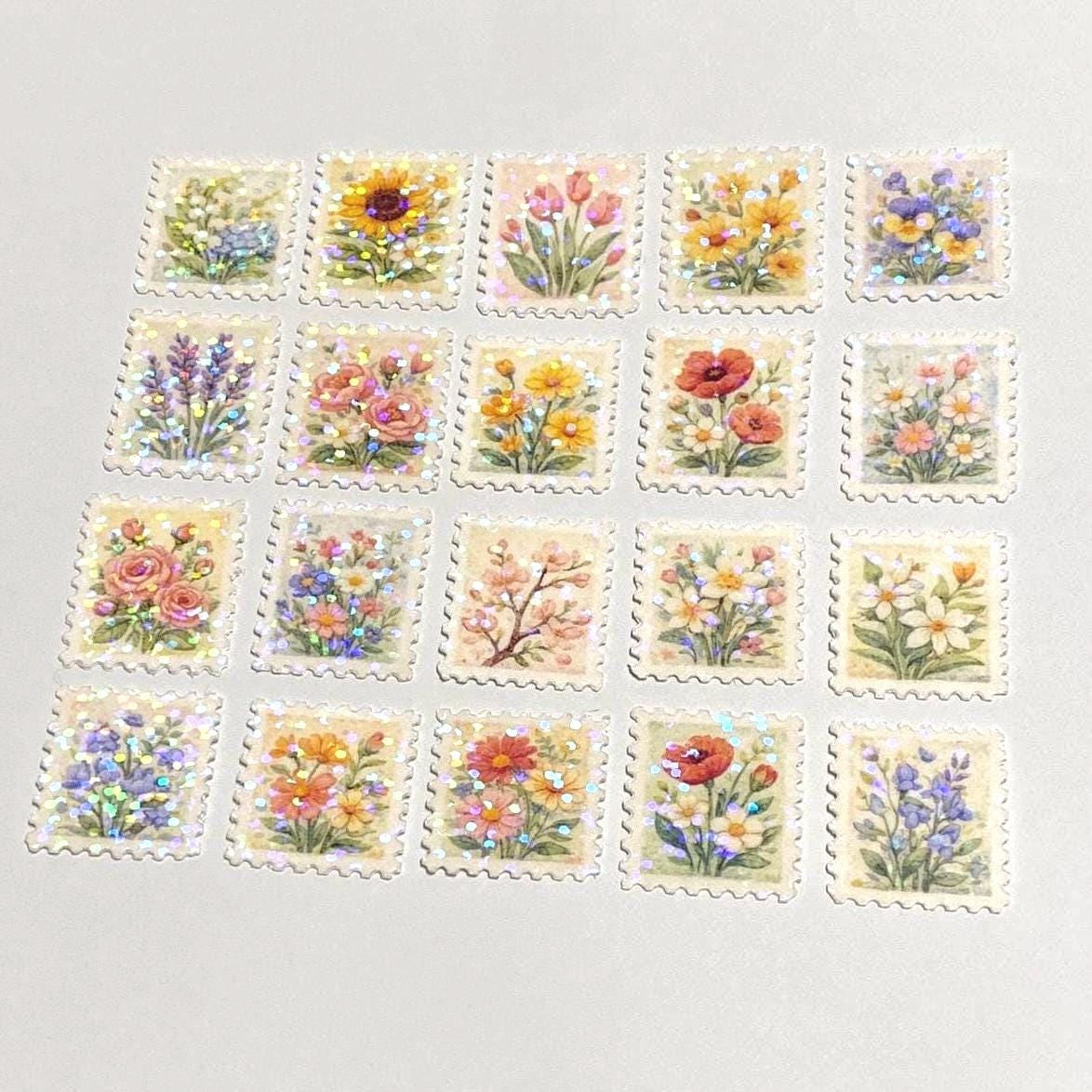 floral post stamps 10 mini holographic stickers